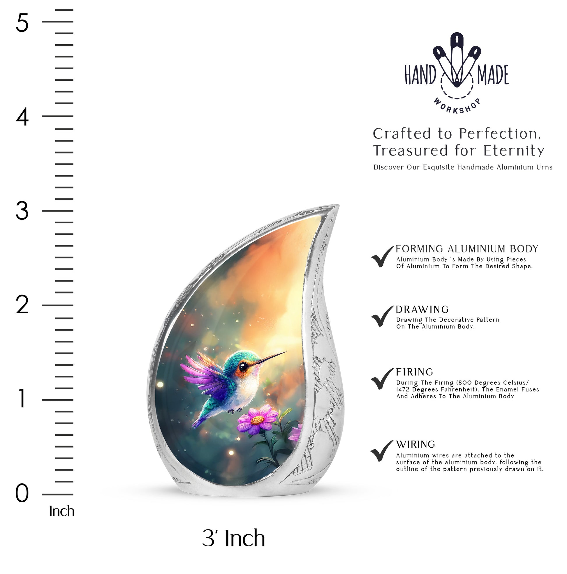 Soft Teal Hummingbird Cremation Urn angled view of lid and engraved motif - flowing teardrop hummingbird silhouette on curved aluminum - mini keepsake memorial for portion of cremation ashes