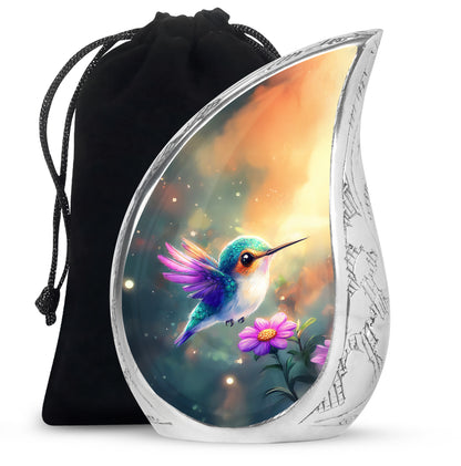 Jewel Teal Hummingbird Cremation Urn front view showing detailed design - flowing teardrop hummingbird silhouette on curved aluminum - full-size 10 inch 200 cubic inch adult cremation urn