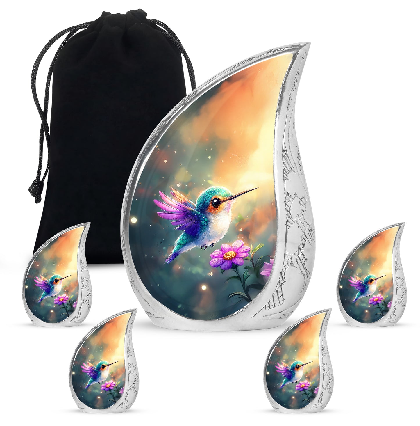 Tropical Teal Hummingbird Cremation Urn side profile showing urn shape - graceful tear-shaped urn with hummingbird motif - memorial set with one large and four small urns