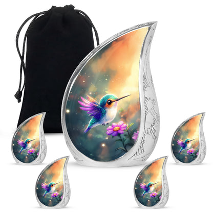 Tropical Teal Hummingbird Cremation Urn side profile showing urn shape - graceful tear-shaped urn with hummingbird motif - memorial set with one large and four small urns