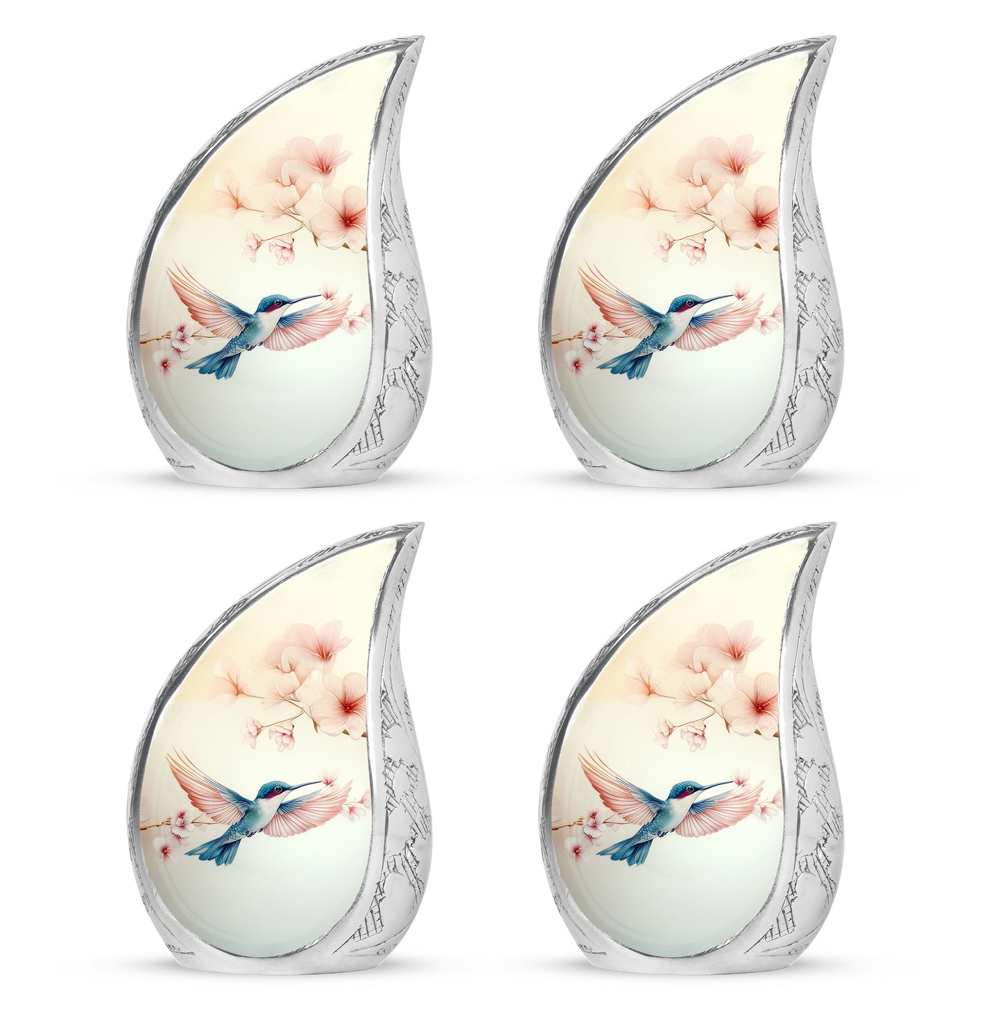 Porcelain White Hummingbird Cremation Urn close-up of engraving and surface detail - smooth teardrop contour featuring hummingbird art - 10 inch aluminum urn for cremated remains