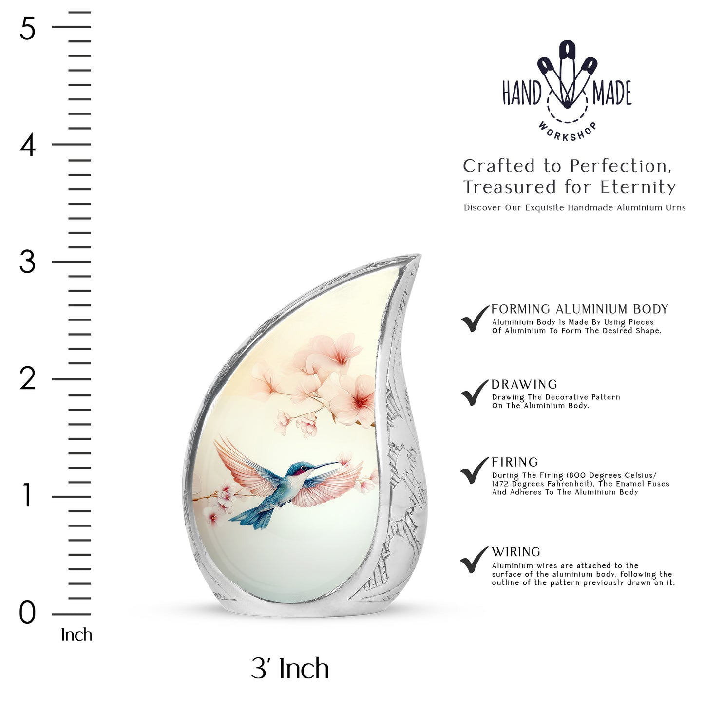 Ivory White Hummingbird Cremation Urn angled view of lid and engraved motif - rounded teardrop hummingbird design with delicate detail - mini keepsake memorial for portion of cremation ashes