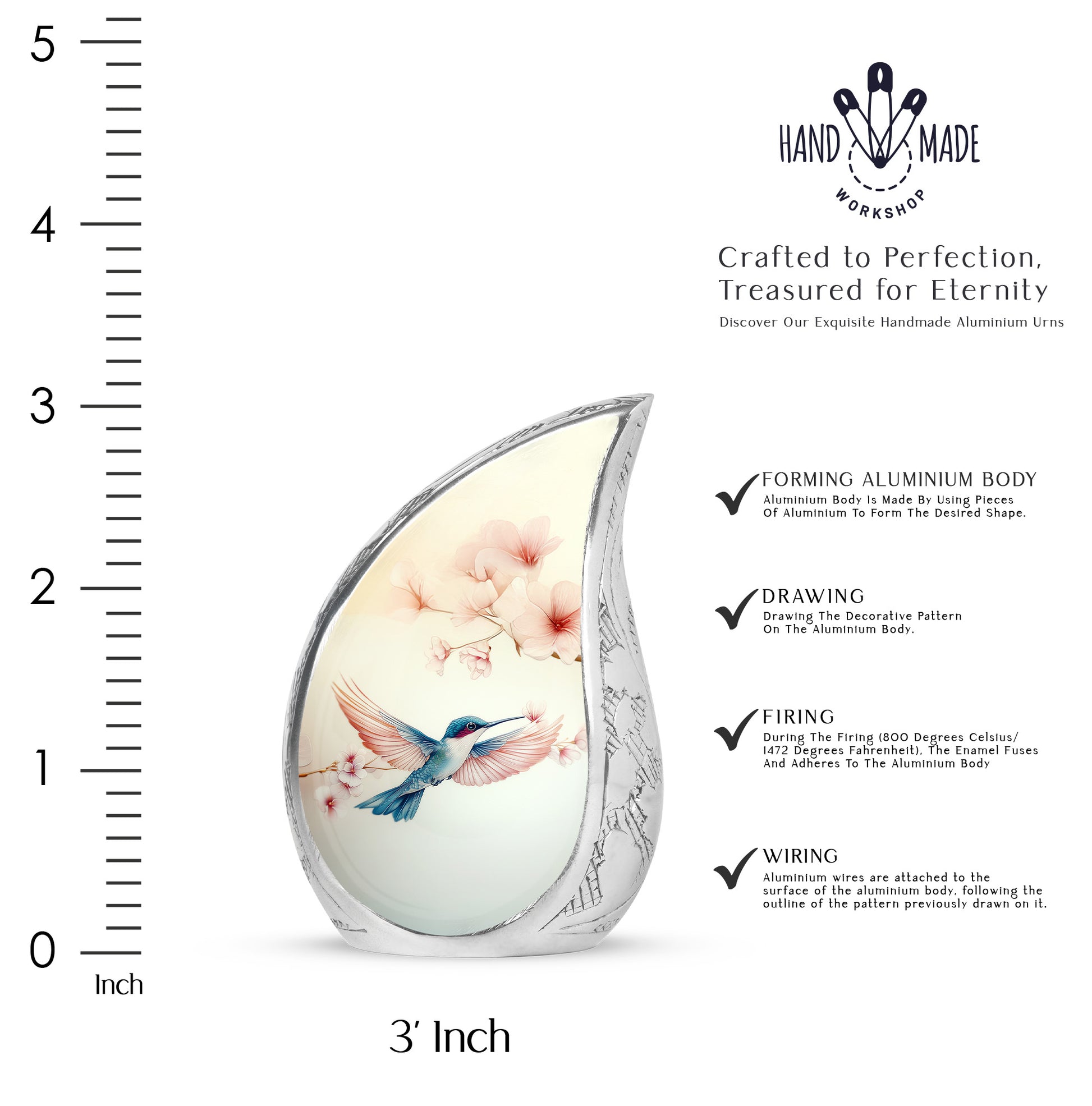 Ivory White Hummingbird Cremation Urn angled view of lid and engraved motif - rounded teardrop hummingbird design with delicate detail - mini keepsake memorial for portion of cremation ashes