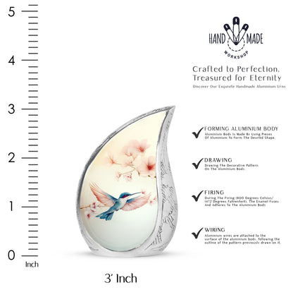 Ivory White Hummingbird Cremation Urn angled view of lid and engraved motif - rounded teardrop hummingbird design with delicate detail - mini keepsake memorial for portion of cremation ashes