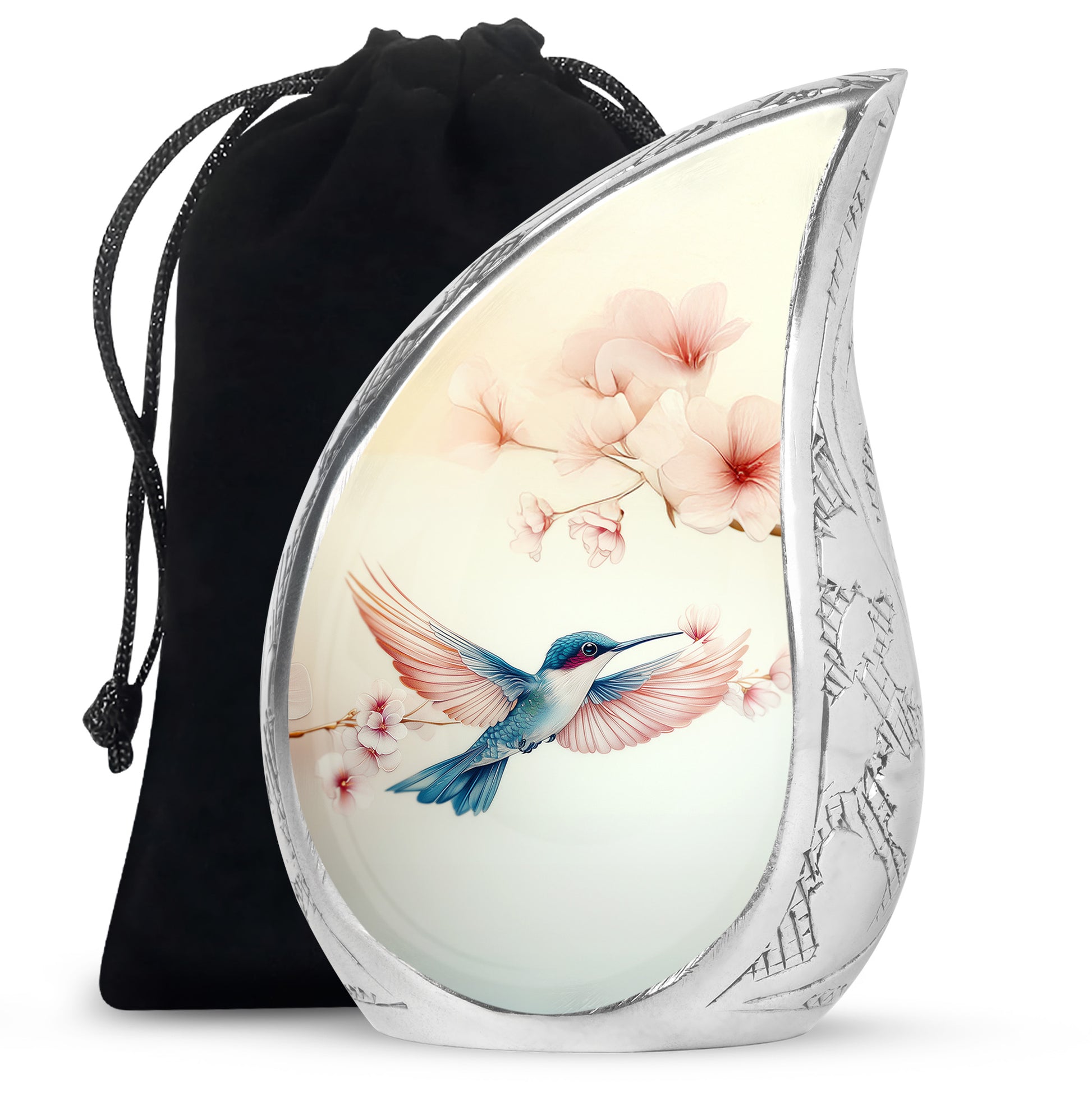 Ivory White Hummingbird Cremation Urn front view showing detailed design - rounded teardrop hummingbird design with delicate detail - full-size 10 inch 200 cubic inch adult cremation urn