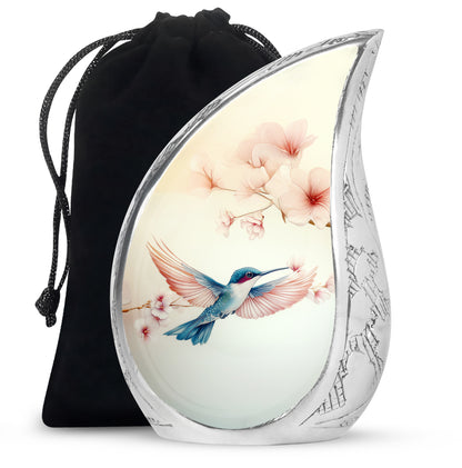Ivory White Hummingbird Cremation Urn front view showing detailed design - rounded teardrop hummingbird design with delicate detail - full-size 10 inch 200 cubic inch adult cremation urn