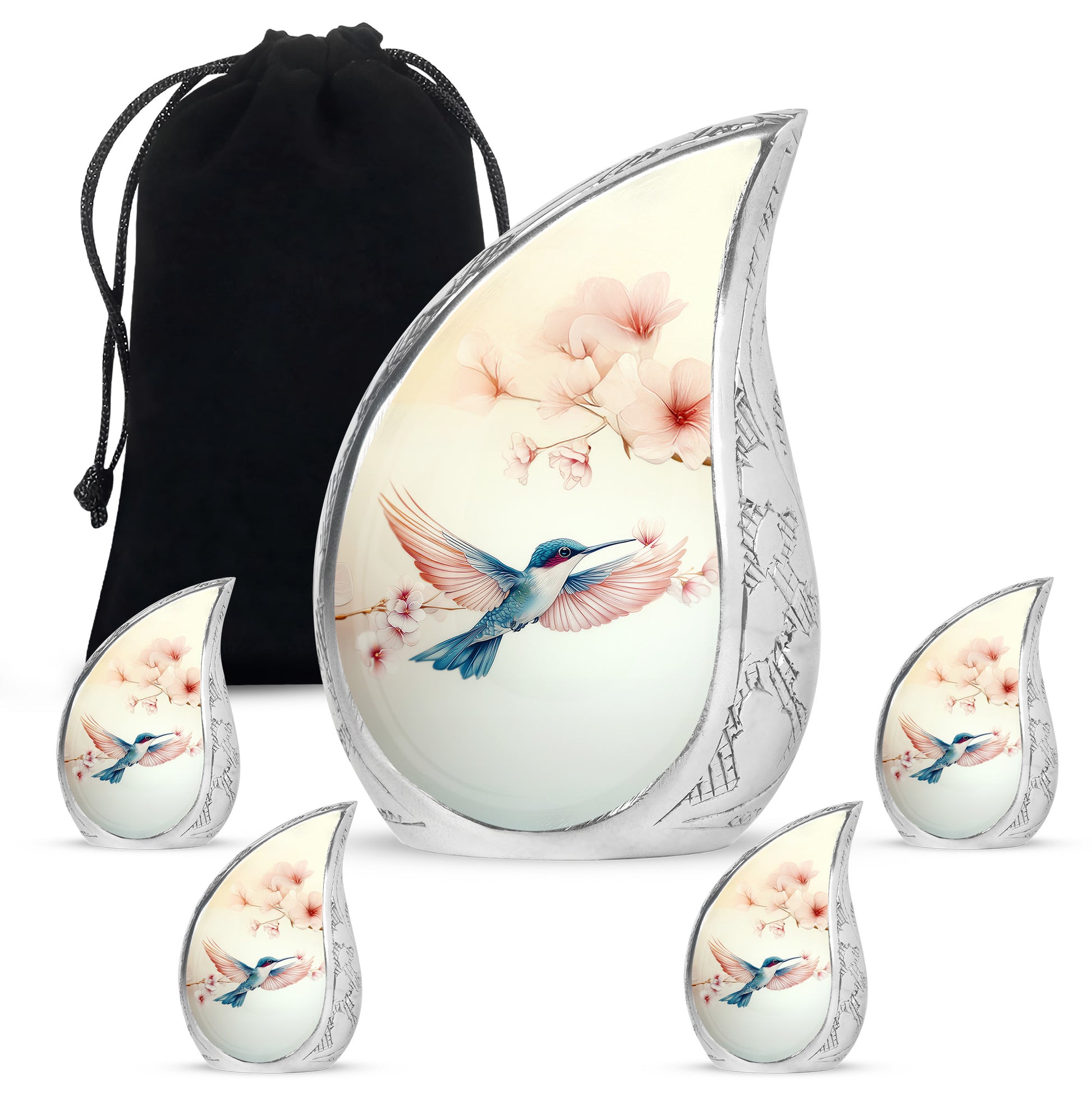 Alabaster White Hummingbird Cremation Urn side profile showing urn shape - rounded teardrop hummingbird design with delicate detail - memorial set with one large and four small urns