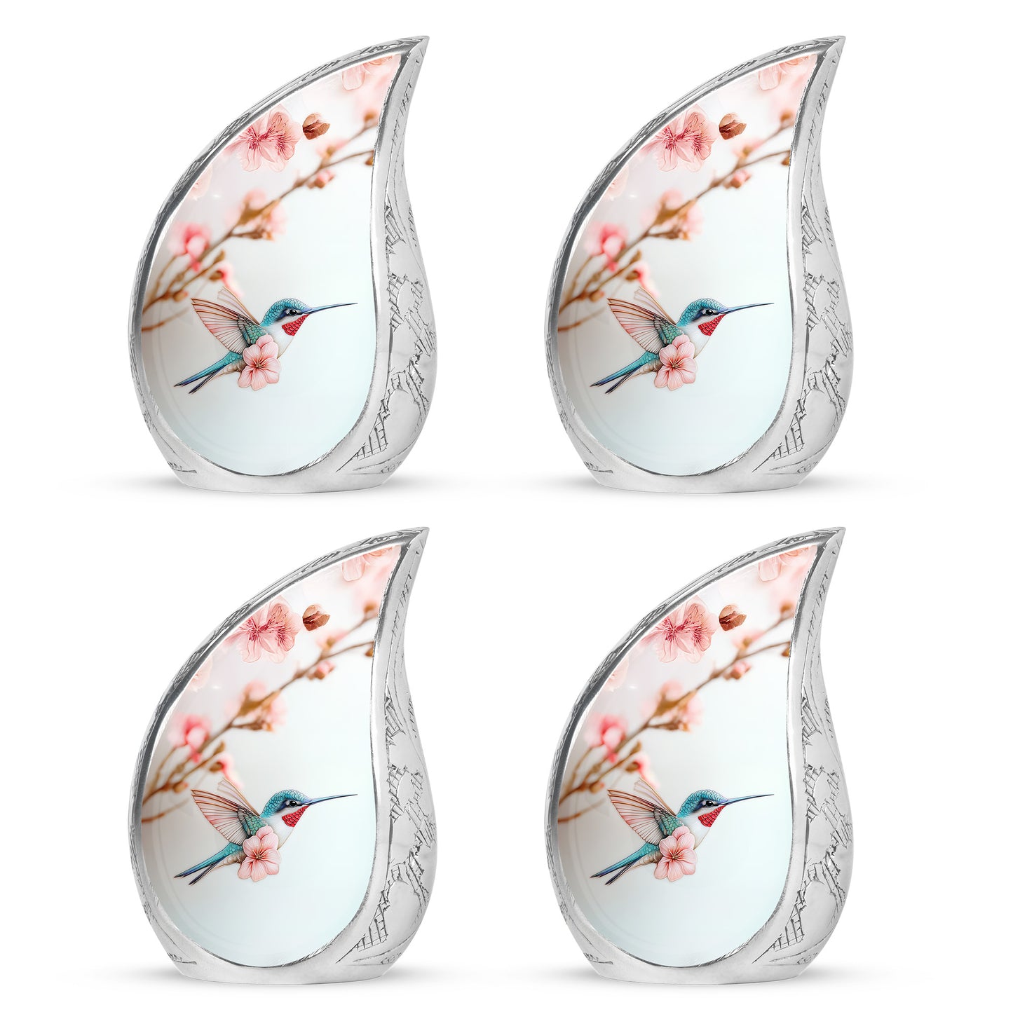 Polished Silver Hummingbird Cremation Urn close-up of engraving and surface detail - graceful tear-shaped urn with hummingbird motif - 10 inch aluminum urn for cremated remains
