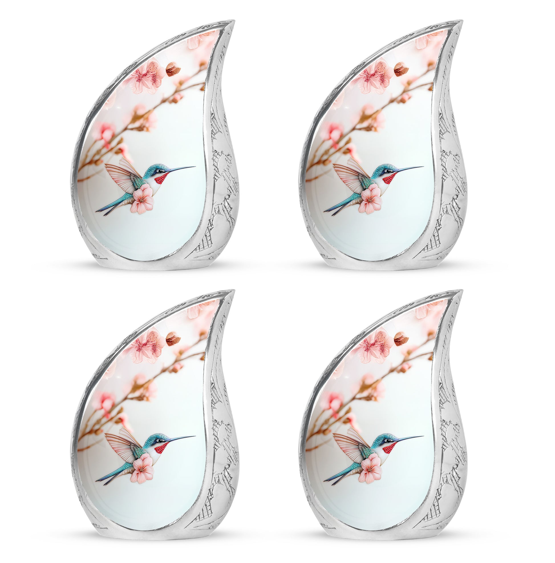 Polished Silver Hummingbird Cremation Urn close-up of engraving and surface detail - graceful tear-shaped urn with hummingbird motif - 10 inch aluminum urn for cremated remains