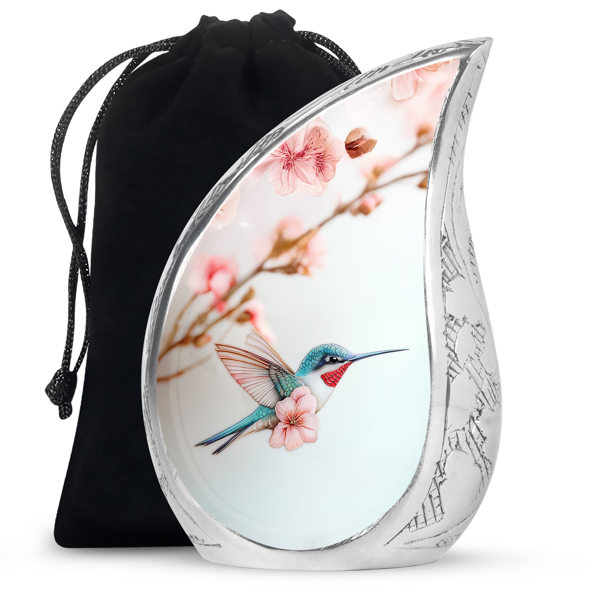 Frosted Silver Hummingbird Cremation Urn front view showing detailed design - graceful tear-shaped urn with hummingbird motif - full-size 10 inch 200 cubic inch adult cremation urn