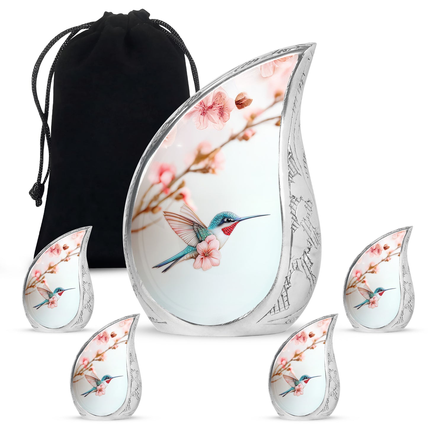 Brushed Silver Hummingbird Cremation Urn side profile showing urn shape - flowing teardrop hummingbird silhouette on curved aluminum - memorial set with one large and four small urns