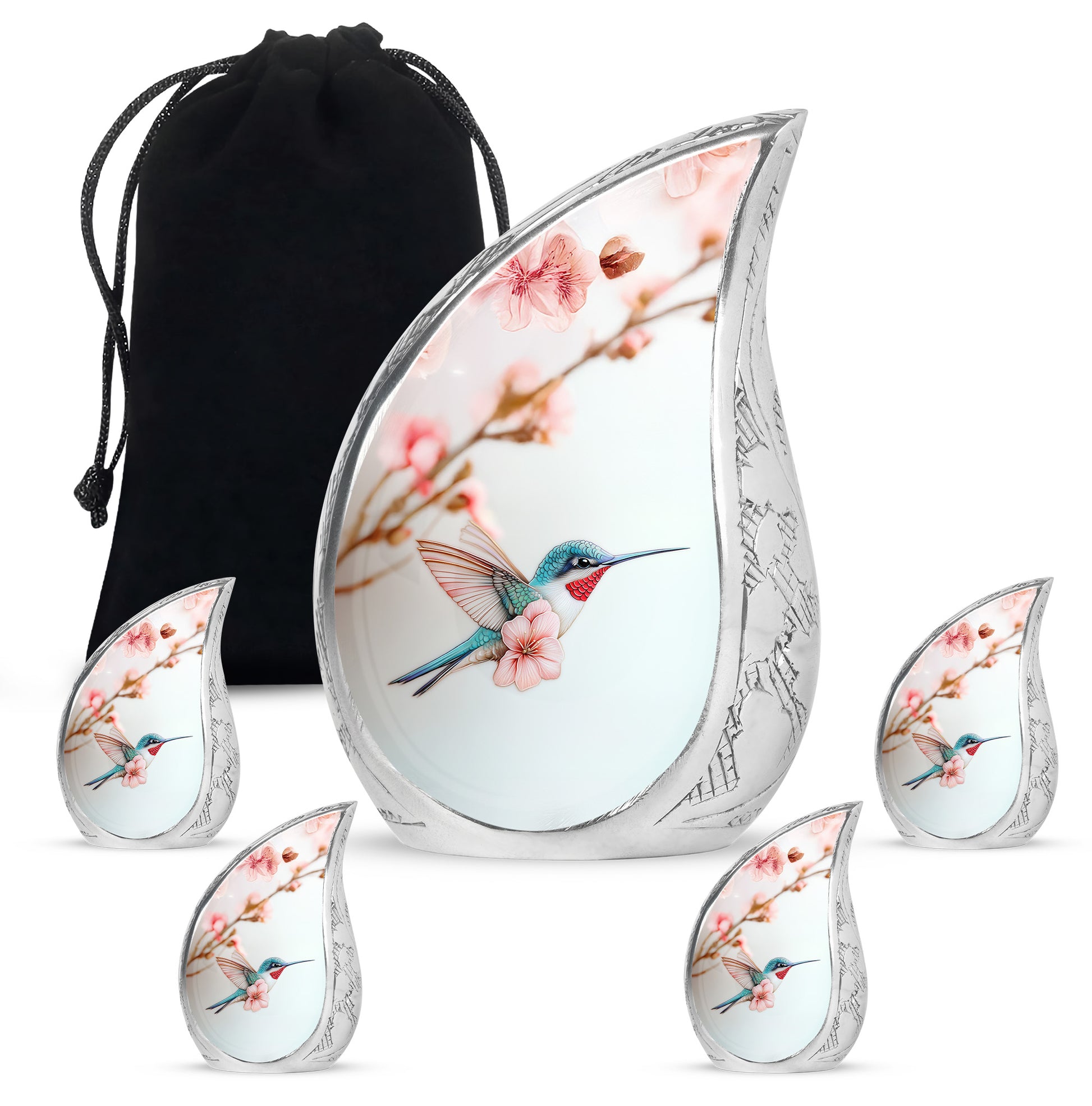 Brushed Silver Hummingbird Cremation Urn side profile showing urn shape - flowing teardrop hummingbird silhouette on curved aluminum - memorial set with one large and four small urns