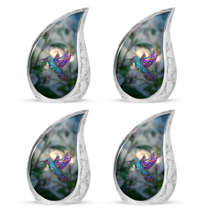 Jade Green Hummingbird Cremation Urn close-up of engraving and surface detail - flowing teardrop hummingbird silhouette on curved aluminum - 10 inch aluminum urn for cremated remains