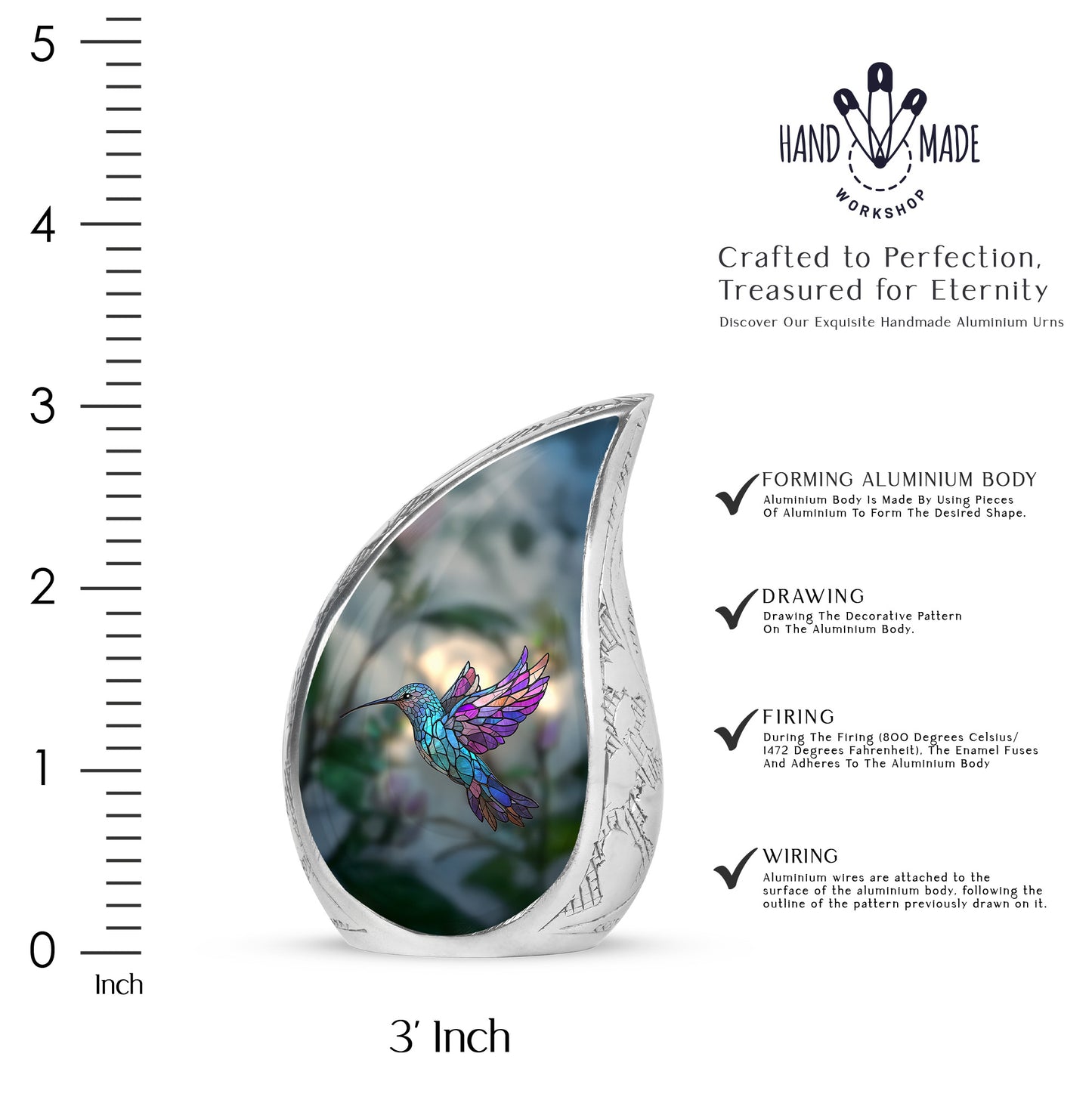 Jade Green Hummingbird Cremation Urn angled view of lid and engraved motif - rounded teardrop hummingbird design with delicate detail - mini keepsake memorial for portion of cremation ashes