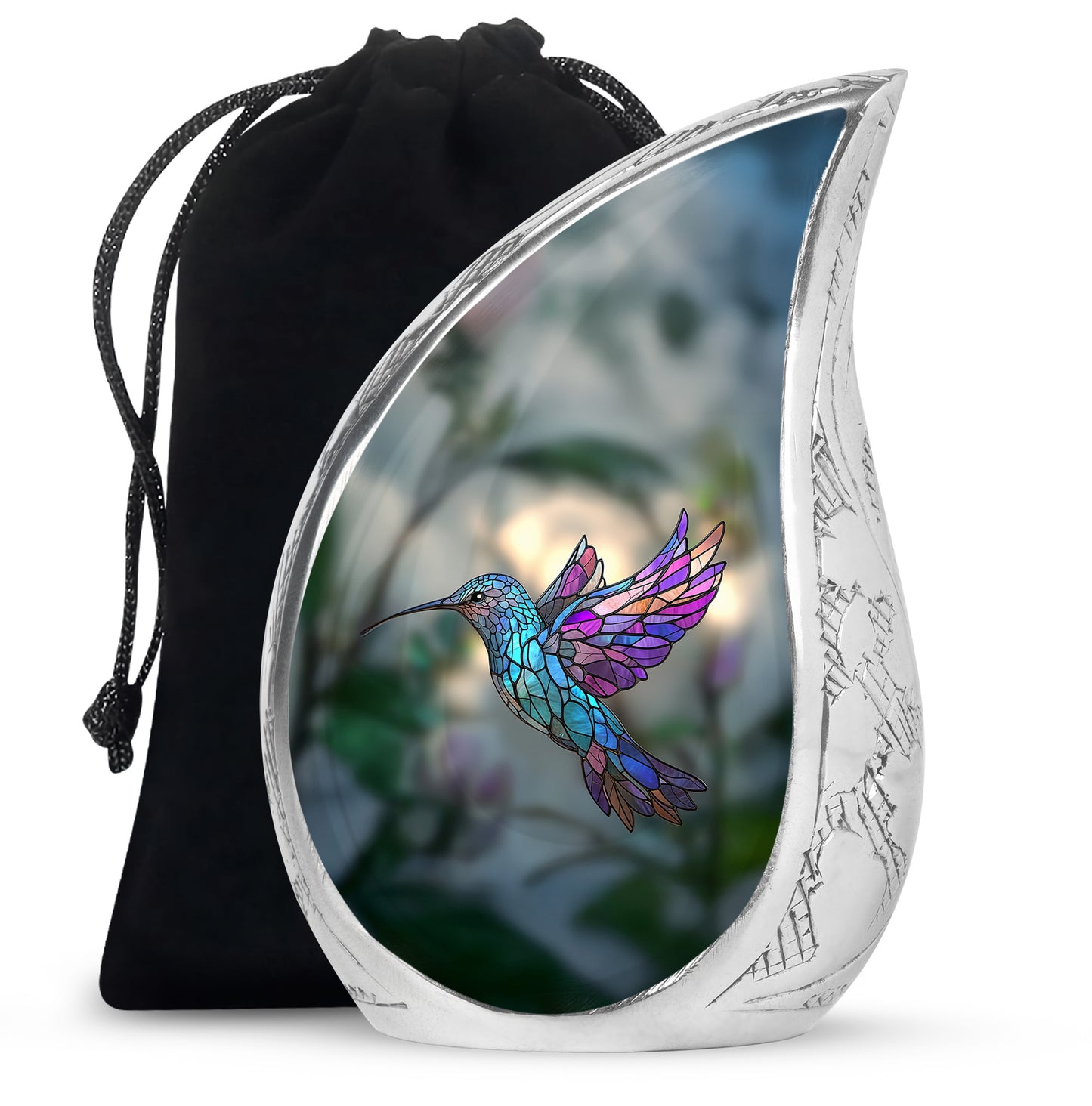 Emerald Green Hummingbird Cremation Urn front view showing detailed design - flowing teardrop hummingbird silhouette on curved aluminum - full-size 10 inch 200 cubic inch adult cremation urn