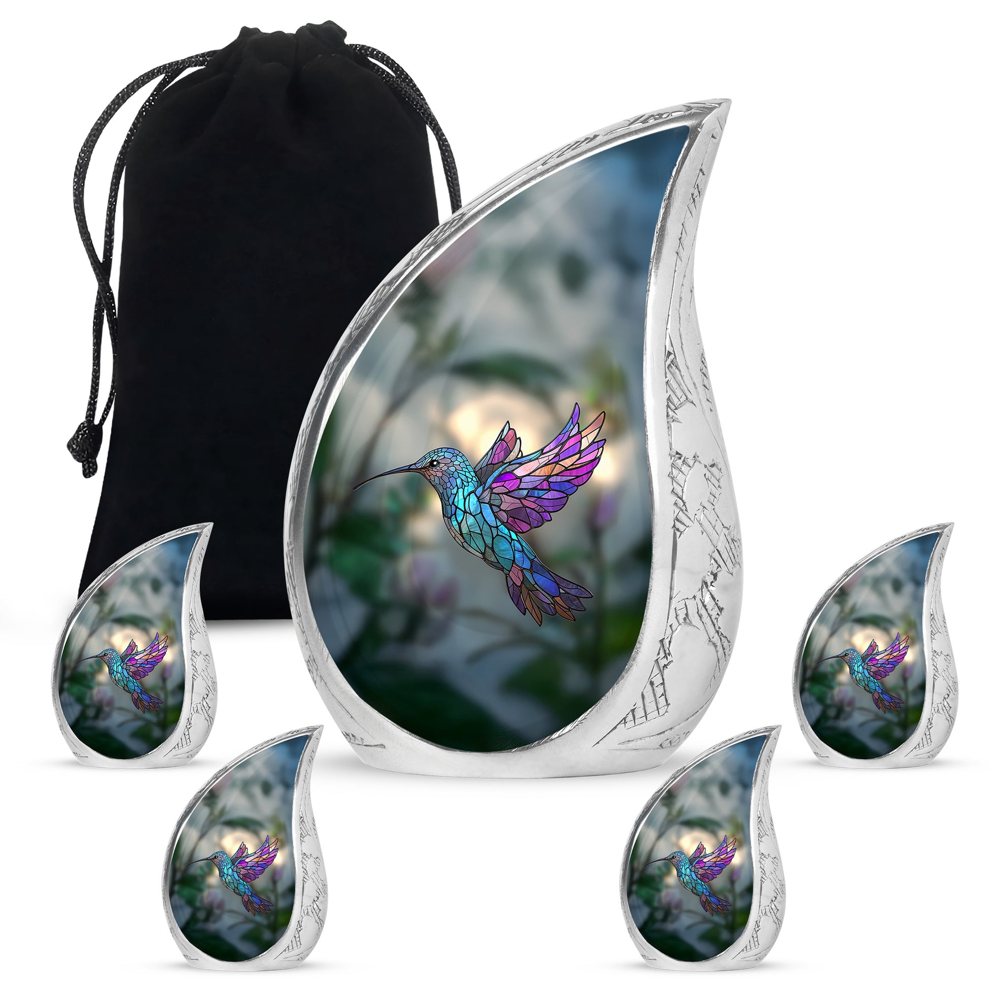 Verdant Green Hummingbird Cremation Urn side profile showing urn shape - rounded teardrop hummingbird design with delicate detail - memorial set with one large and four small urns