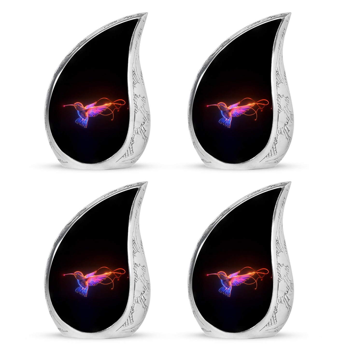 Deep Black Hummingbird Cremation Urn close-up of engraving and surface detail - flowing teardrop hummingbird silhouette on curved aluminum - 10 inch aluminum urn for cremated remains