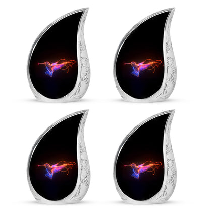 Deep Black Hummingbird Cremation Urn close-up of engraving and surface detail - flowing teardrop hummingbird silhouette on curved aluminum - 10 inch aluminum urn for cremated remains