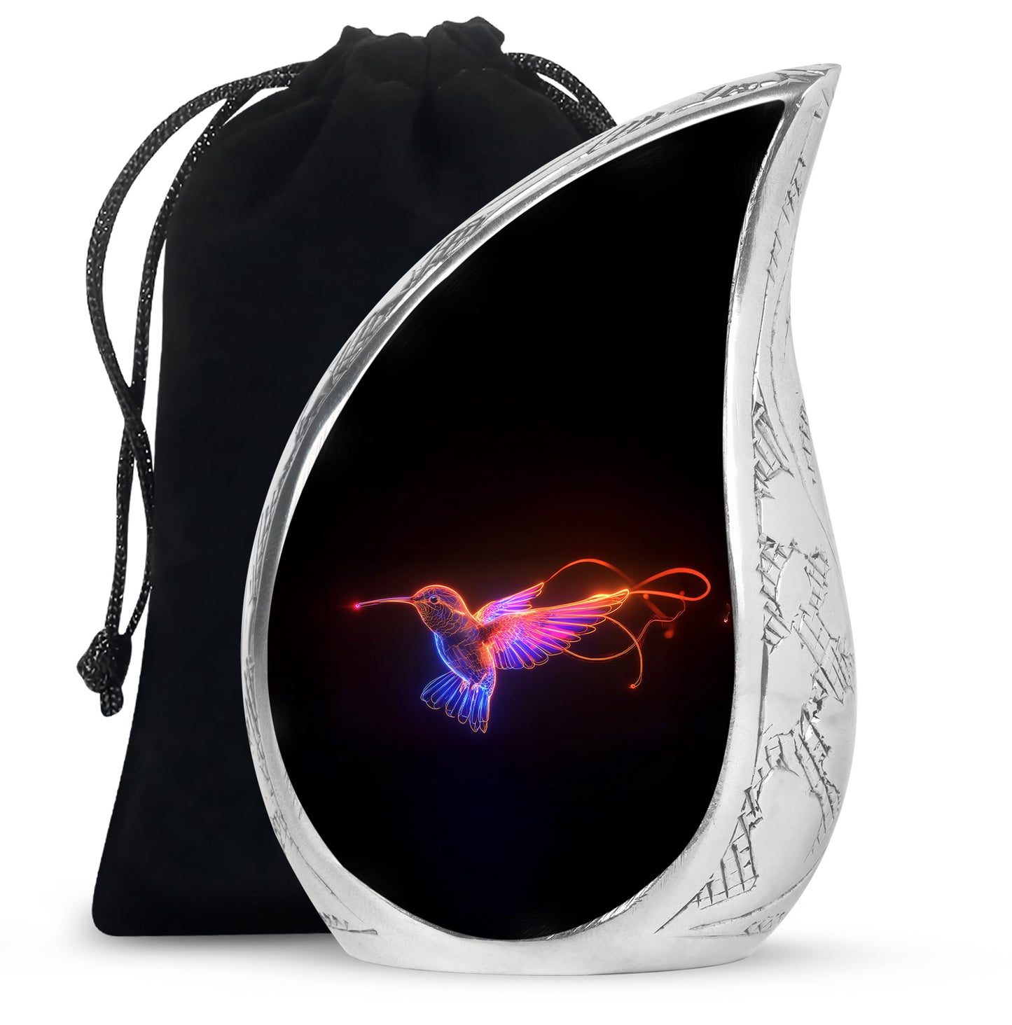 Glossy Black Hummingbird Cremation Urn front view showing detailed design - rounded teardrop hummingbird design with delicate detail - full-size 10 inch 200 cubic inch adult cremation urn