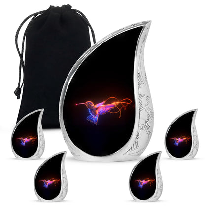 Jet Black Hummingbird Cremation Urn side profile showing urn shape - flowing teardrop hummingbird silhouette on curved aluminum - memorial set with one large and four small urns