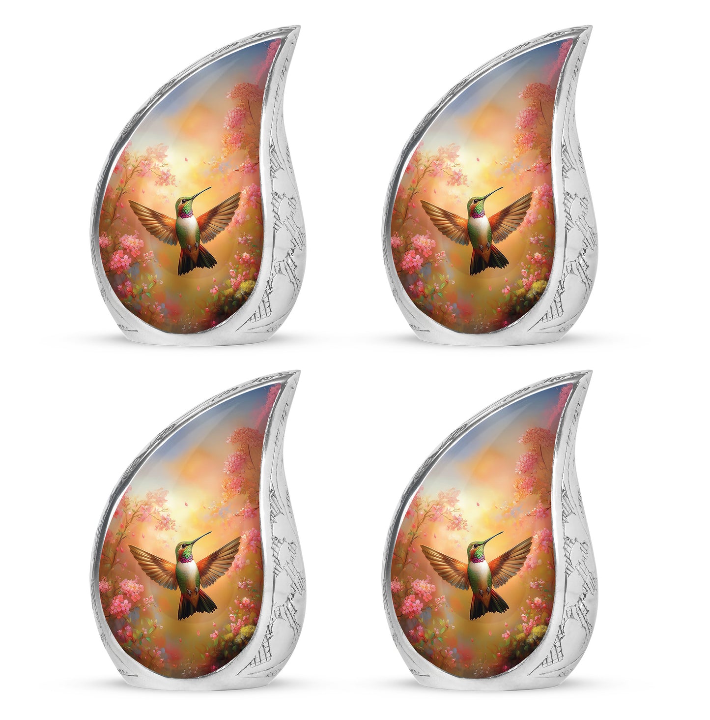 Matte Gold Hummingbird Cremation Urn close-up of engraving and surface detail - smooth teardrop contour featuring hummingbird art - 10 inch aluminum urn for cremated remains