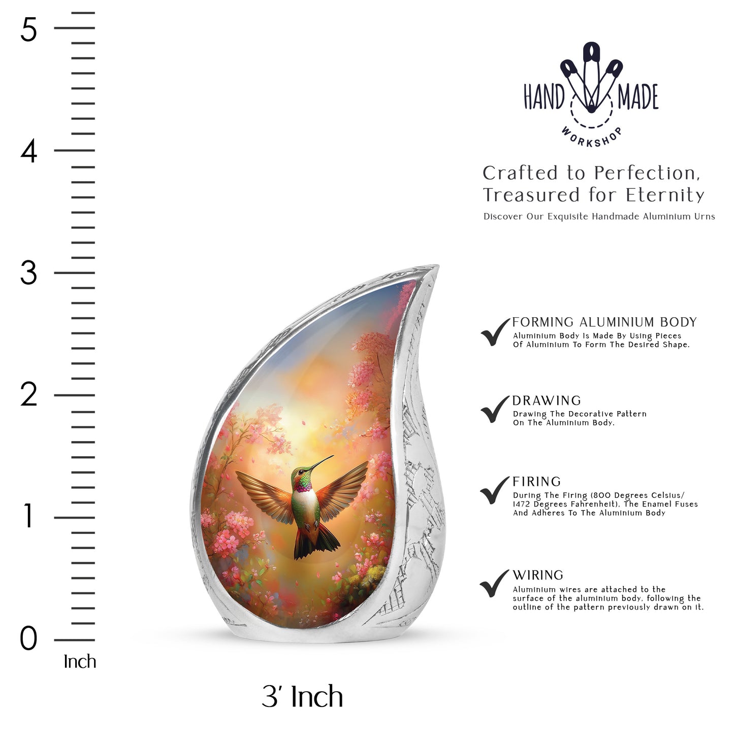 Harvest Gold Hummingbird Cremation Urn angled view of lid and engraved motif - graceful tear-shaped urn with hummingbird motif - mini keepsake memorial for portion of cremation ashes