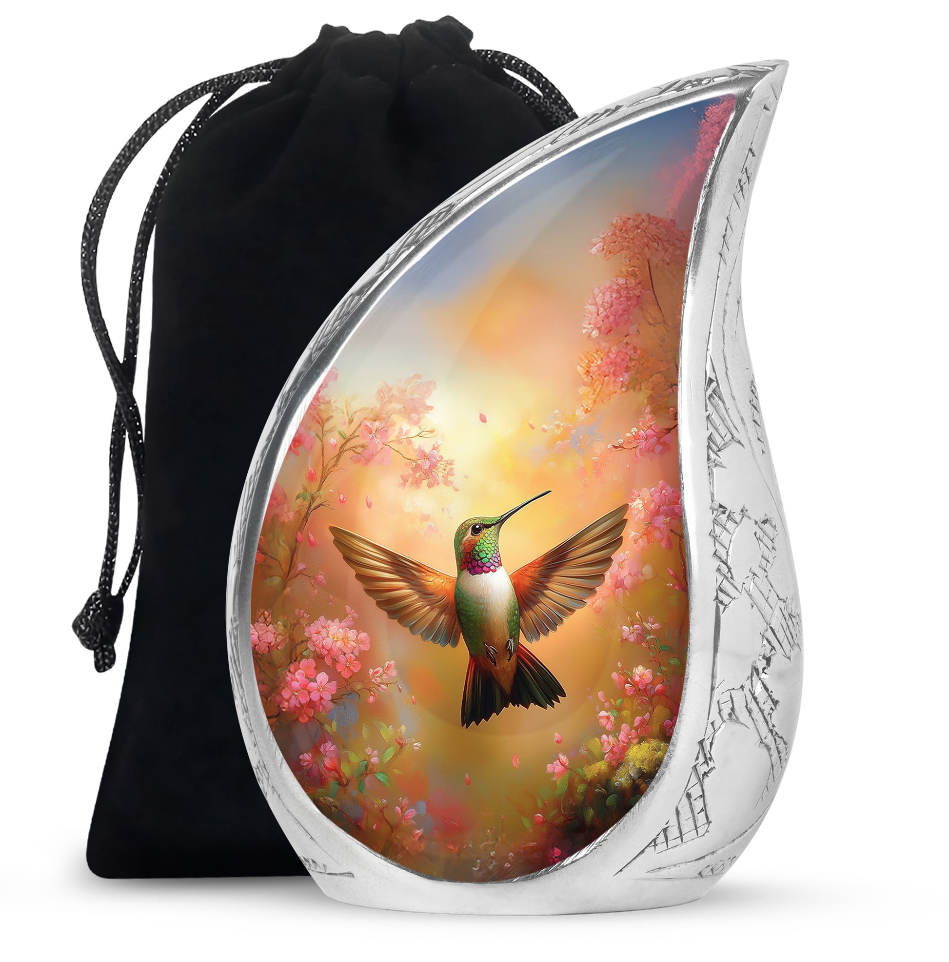 Sunrise Gold Hummingbird Cremation Urn front view showing detailed design - flowing teardrop hummingbird silhouette on curved aluminum - full-size 10 inch 200 cubic inch adult cremation urn