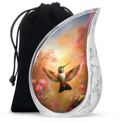 Sunrise Gold Hummingbird Cremation Urn front view showing detailed design - flowing teardrop hummingbird silhouette on curved aluminum - full-size 10 inch 200 cubic inch adult cremation urn