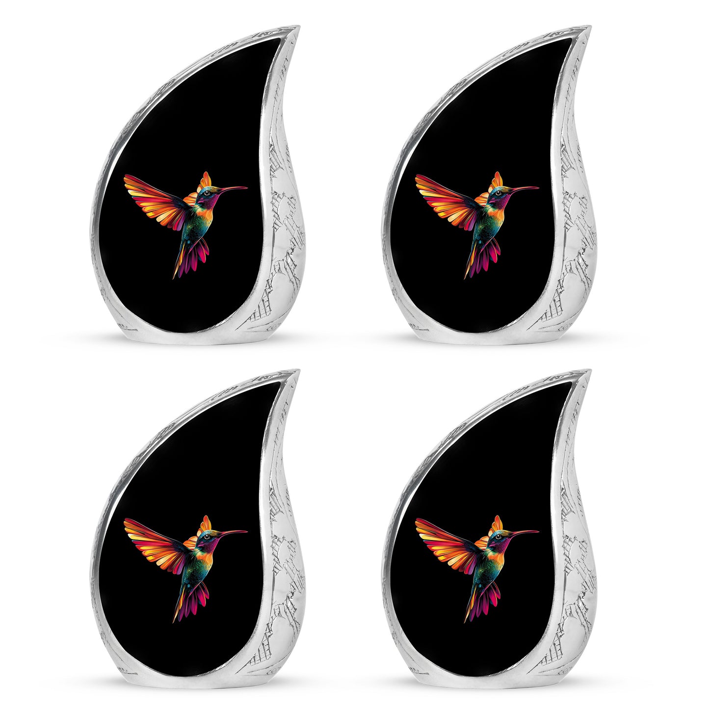 Rich Black Hummingbird Cremation Urn close-up of engraving and surface detail - rounded teardrop hummingbird design with delicate detail - 10 inch aluminum urn for cremated remains