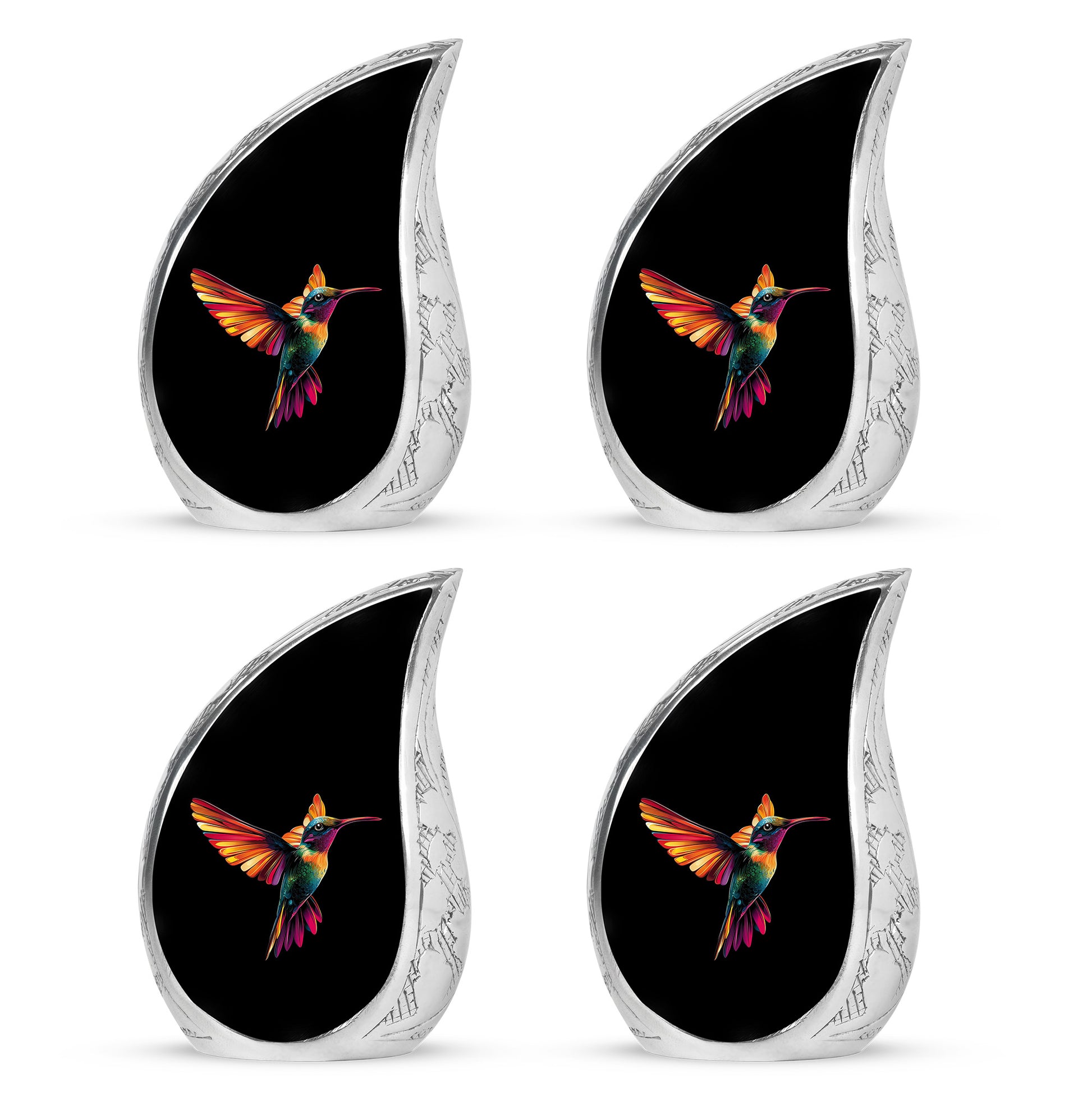 Rich Black Hummingbird Cremation Urn close-up of engraving and surface detail - rounded teardrop hummingbird design with delicate detail - 10 inch aluminum urn for cremated remains
