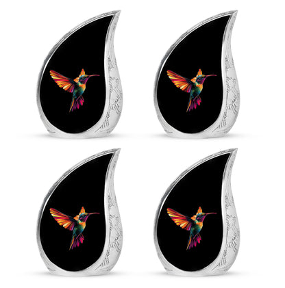 Rich Black Hummingbird Cremation Urn close-up of engraving and surface detail - rounded teardrop hummingbird design with delicate detail - 10 inch aluminum urn for cremated remains