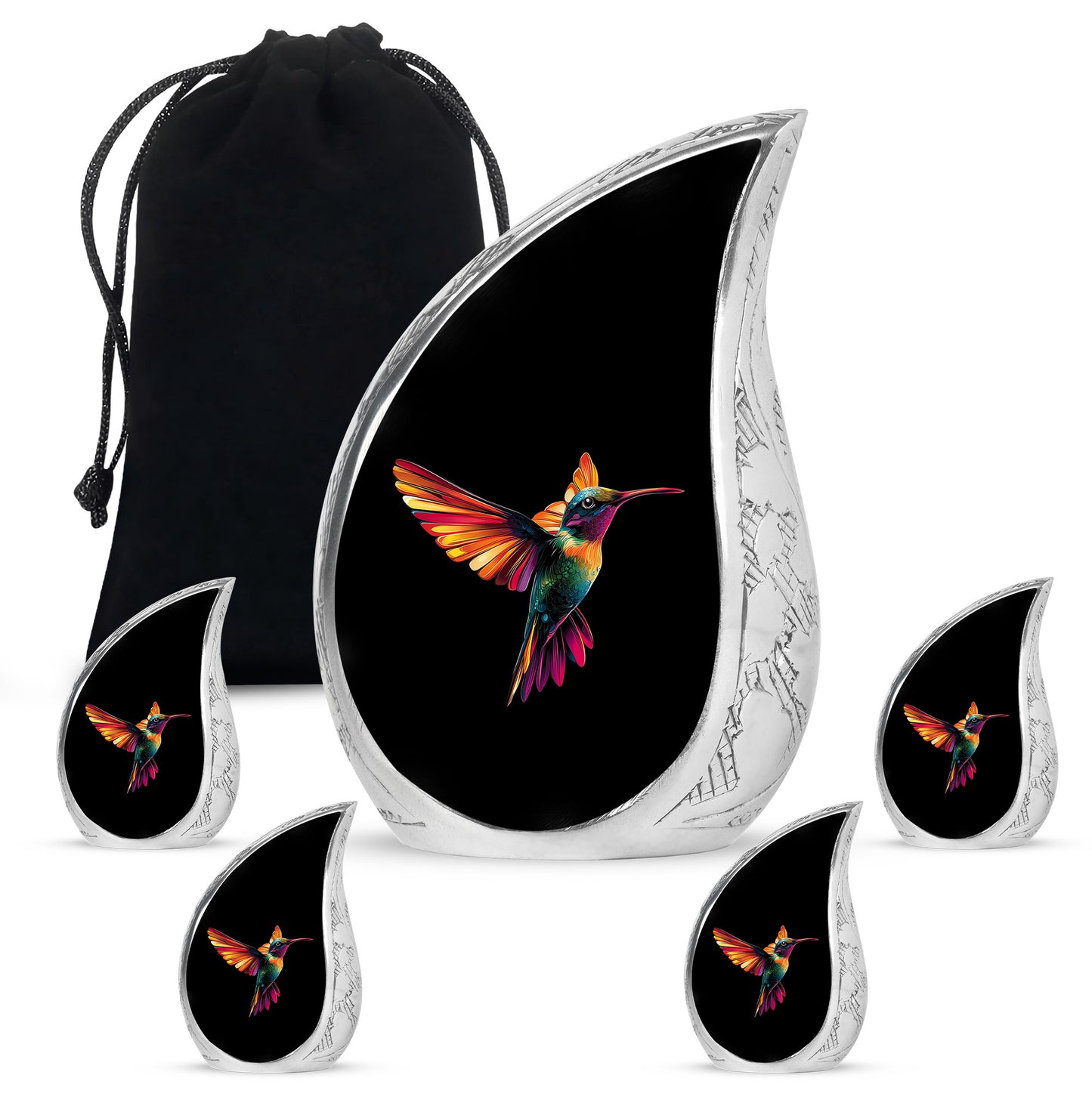 Glossy Black Hummingbird Cremation Urn side profile showing urn shape - flowing teardrop hummingbird silhouette on curved aluminum - memorial set with one large and four small urns