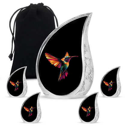 Glossy Black Hummingbird Cremation Urn side profile showing urn shape - flowing teardrop hummingbird silhouette on curved aluminum - memorial set with one large and four small urns