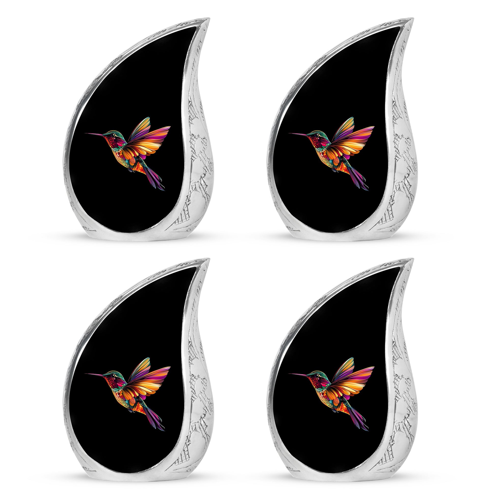 Glossy Black Hummingbird Cremation Urn close-up of engraving and surface detail - rounded teardrop hummingbird design with delicate detail - 10 inch aluminum urn for cremated remains