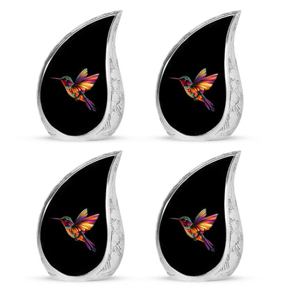 Glossy Black Hummingbird Cremation Urn close-up of engraving and surface detail - rounded teardrop hummingbird design with delicate detail - 10 inch aluminum urn for cremated remains