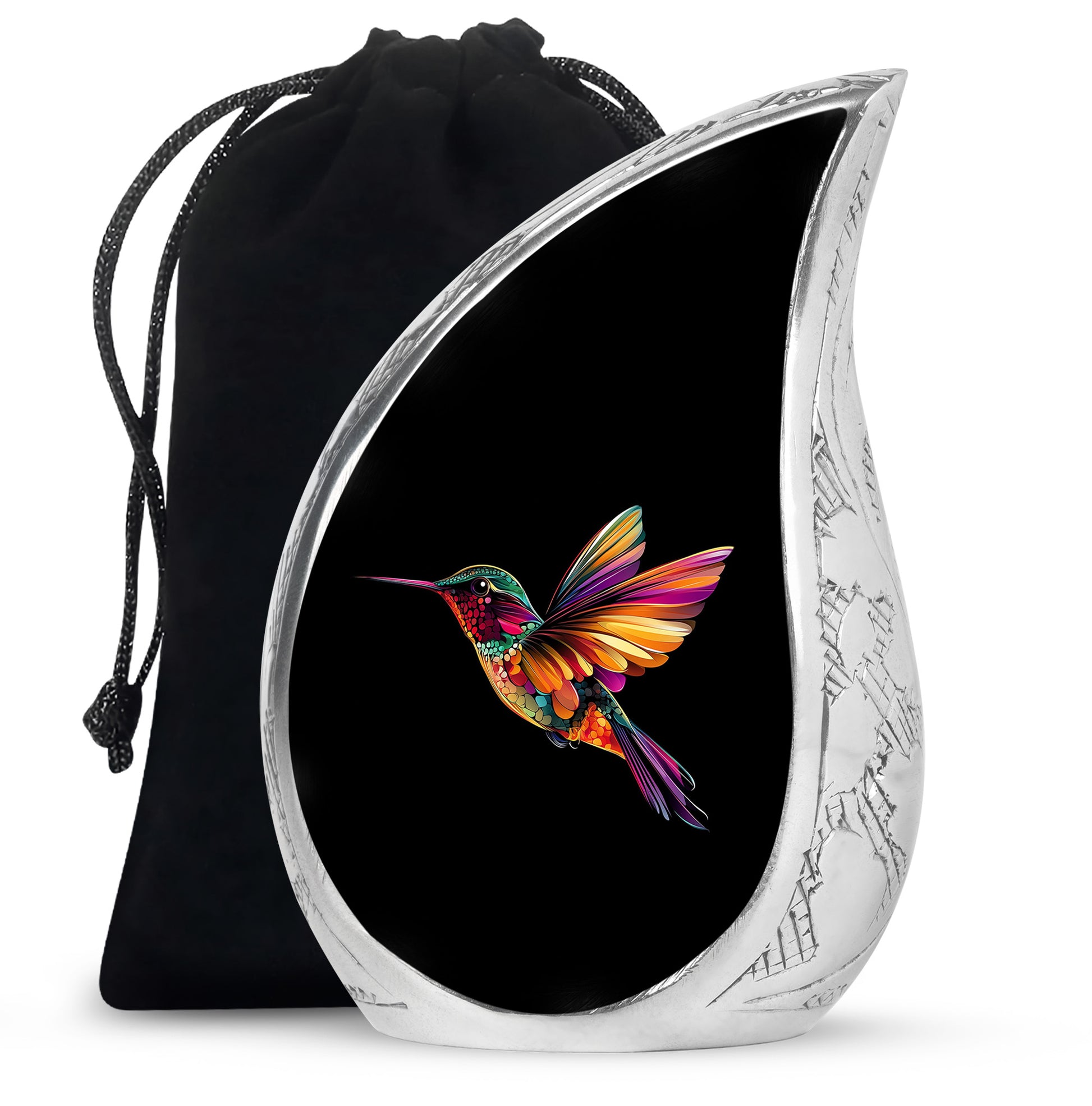 Obsidian Black Hummingbird Cremation Urn front view showing detailed design - graceful tear-shaped urn with hummingbird motif - full-size 10 inch 200 cubic inch adult cremation urn