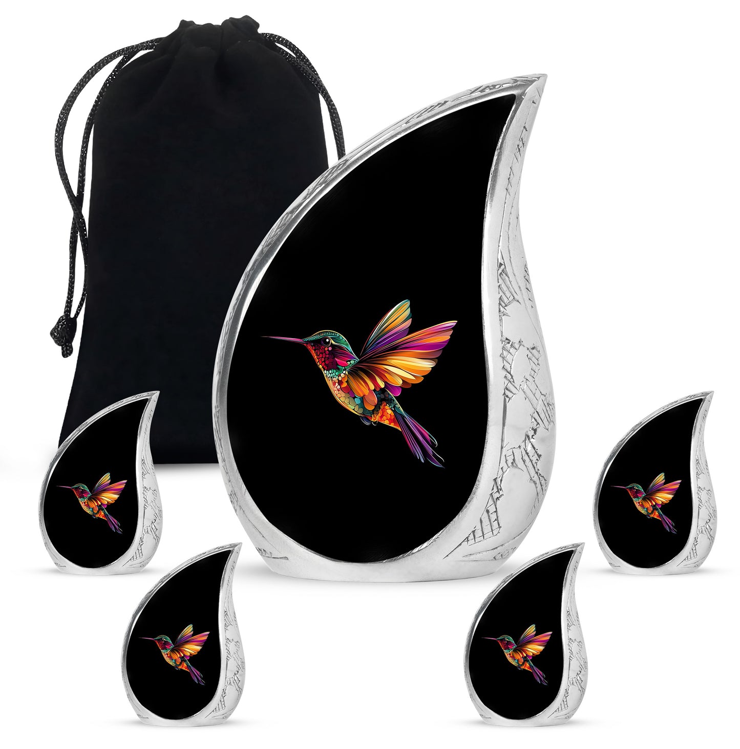 Charcoal Black Hummingbird Cremation Urn side profile showing urn shape - smooth teardrop contour featuring hummingbird art - memorial set with one large and four small urns