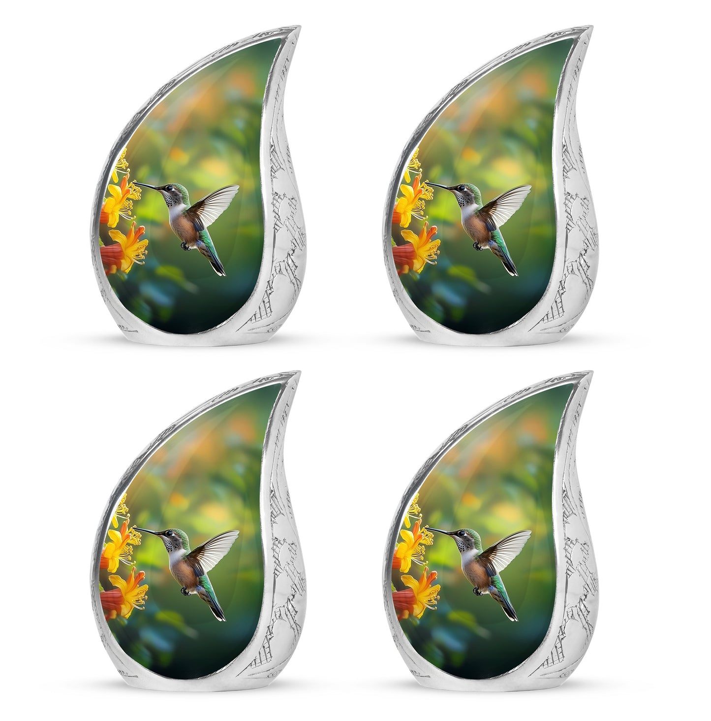 Mint Green Hummingbird Cremation Urn close-up of engraving and surface detail - smooth teardrop contour featuring hummingbird art - 10 inch aluminum urn for cremated remains