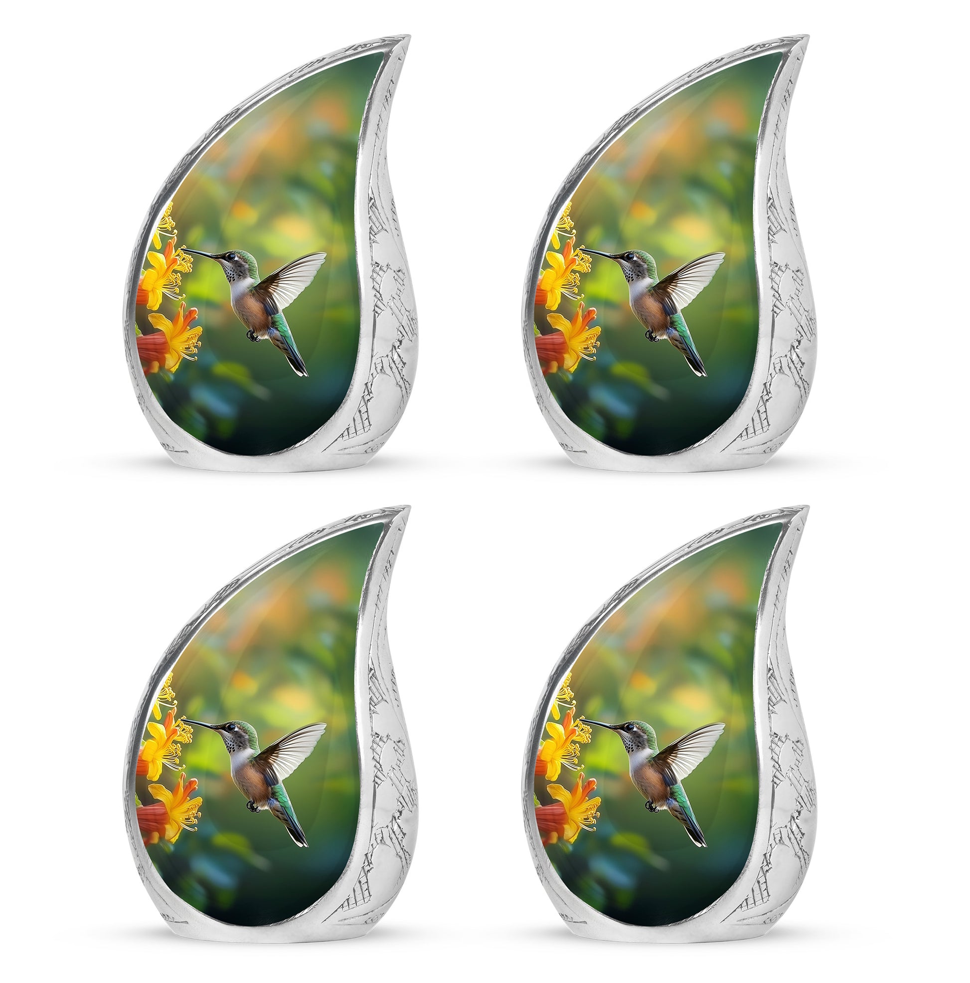 Mint Green Hummingbird Cremation Urn close-up of engraving and surface detail - smooth teardrop contour featuring hummingbird art - 10 inch aluminum urn for cremated remains