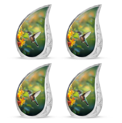 Mint Green Hummingbird Cremation Urn close-up of engraving and surface detail - smooth teardrop contour featuring hummingbird art - 10 inch aluminum urn for cremated remains