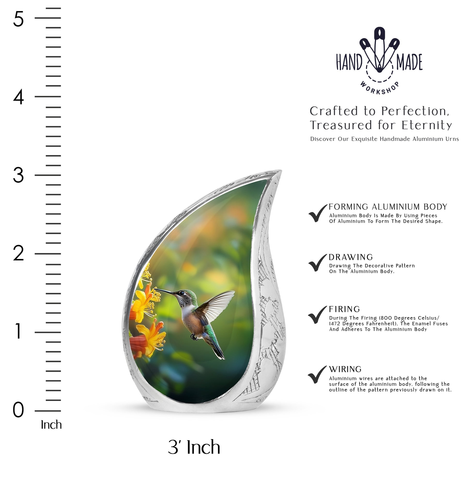 Olive Green Hummingbird Cremation Urn angled view of lid and engraved motif - smooth teardrop contour featuring hummingbird art - mini keepsake memorial for portion of cremation ashes