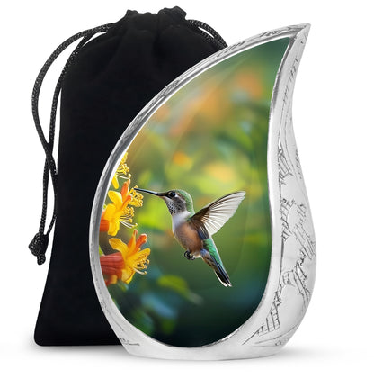 Olive Green Hummingbird Cremation Urn front view showing detailed design - graceful tear-shaped urn with hummingbird motif - full-size 10 inch 200 cubic inch adult cremation urn