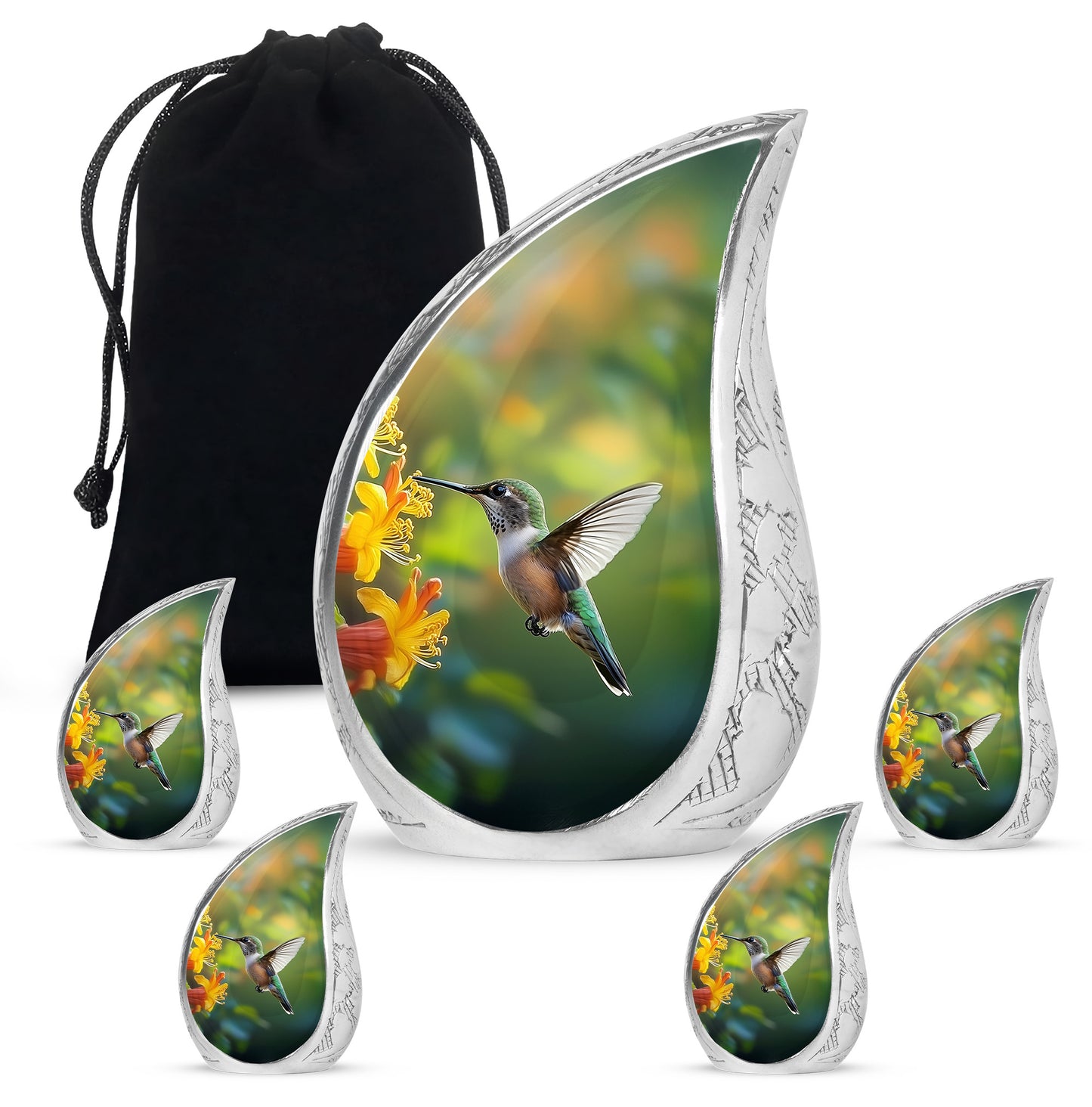 Olive Green Hummingbird Cremation Urn side profile showing urn shape - smooth teardrop contour featuring hummingbird art - memorial set with one large and four small urns