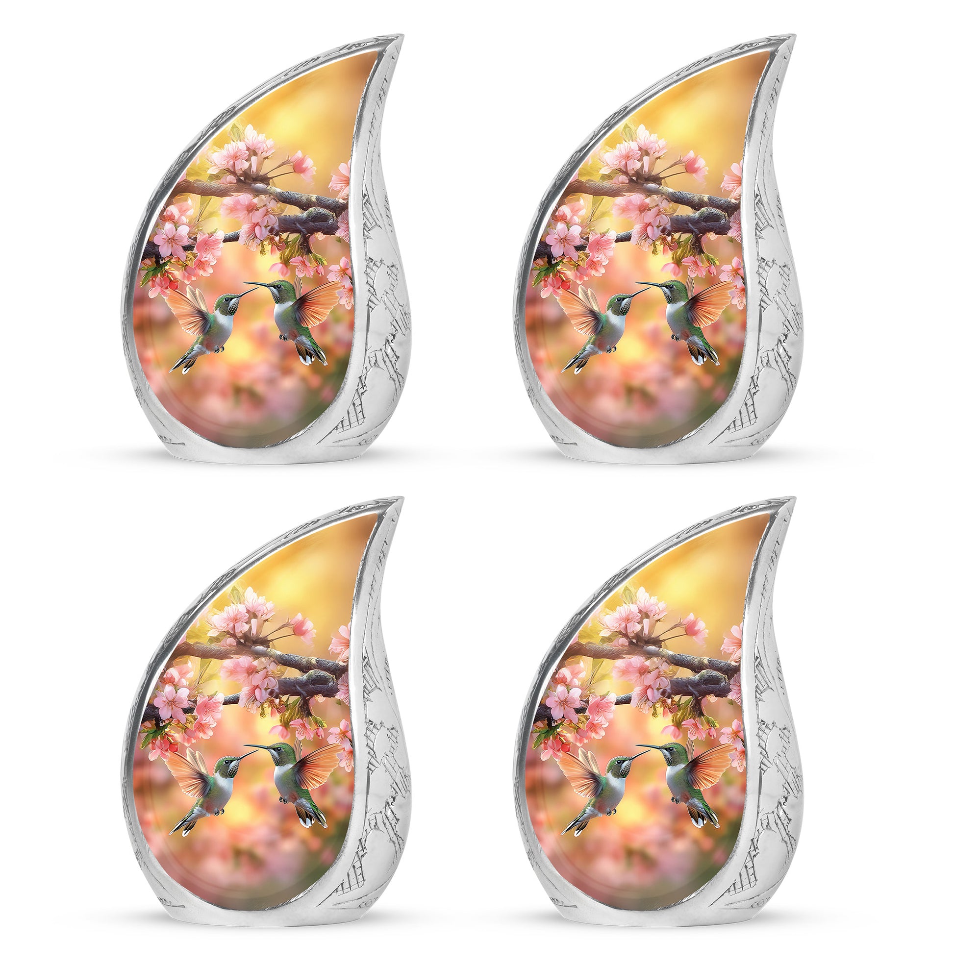 Royal Gold Hummingbird Cremation Urn close-up of engraving and surface detail - smooth teardrop contour featuring hummingbird art - 10 inch aluminum urn for cremated remains