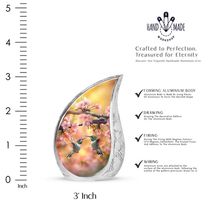 Antique Gold Hummingbird Cremation Urn angled view of lid and engraved motif - flowing teardrop hummingbird silhouette on curved aluminum - mini keepsake memorial for portion of cremation ashes
