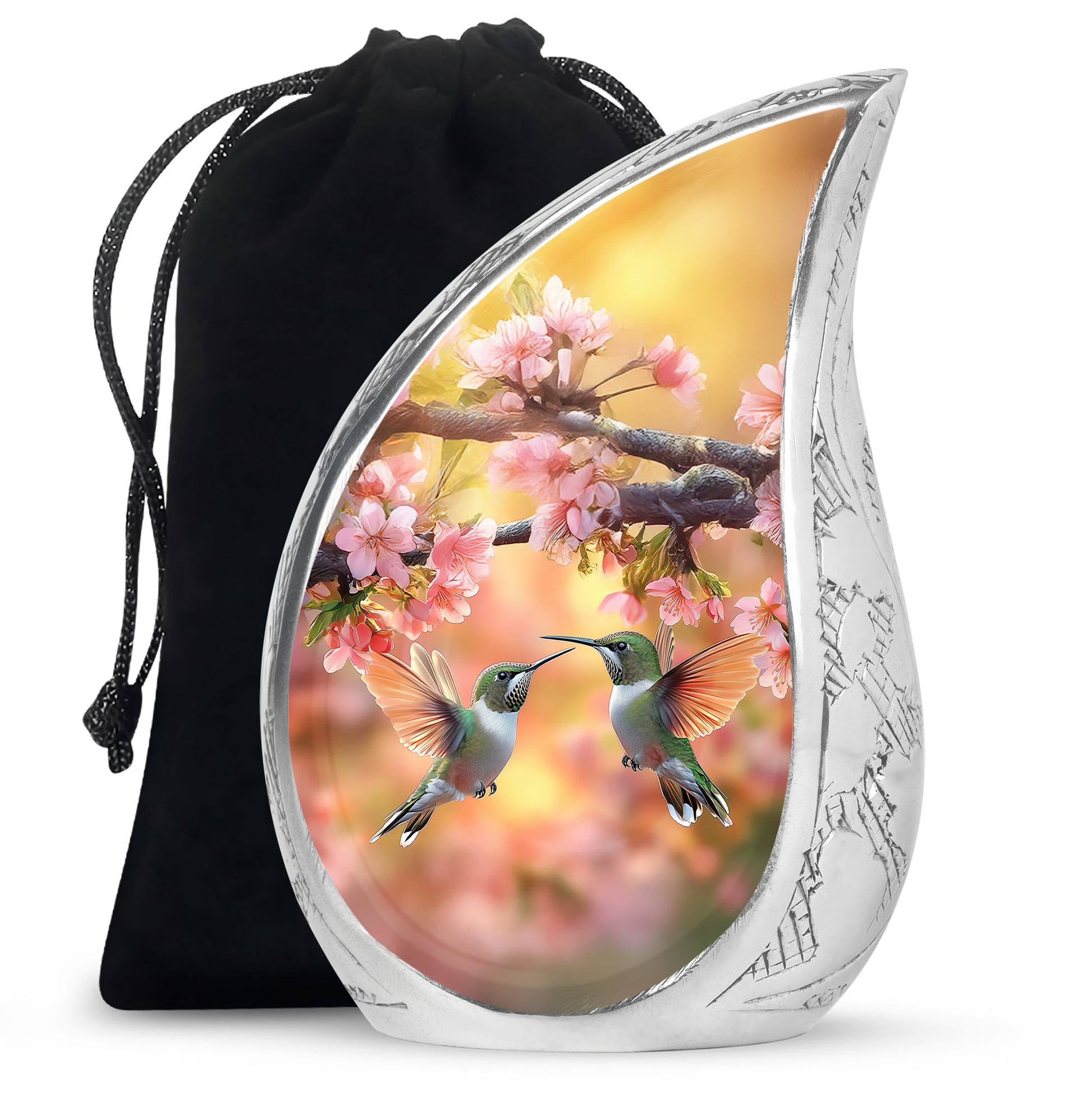 Antique Gold Hummingbird Cremation Urn front view showing detailed design - flowing teardrop hummingbird silhouette on curved aluminum - full-size 10 inch 200 cubic inch adult cremation urn