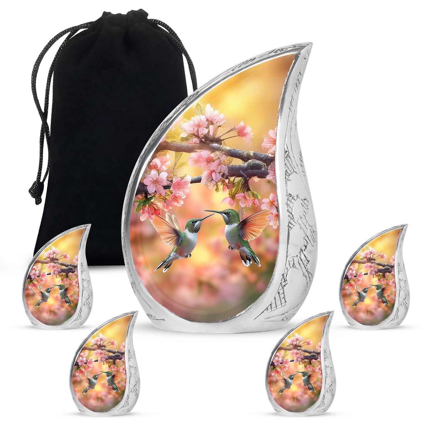 Sunrise Gold Hummingbird Cremation Urn side profile showing urn shape - flowing teardrop hummingbird silhouette on curved aluminum - memorial set with one large and four small urns