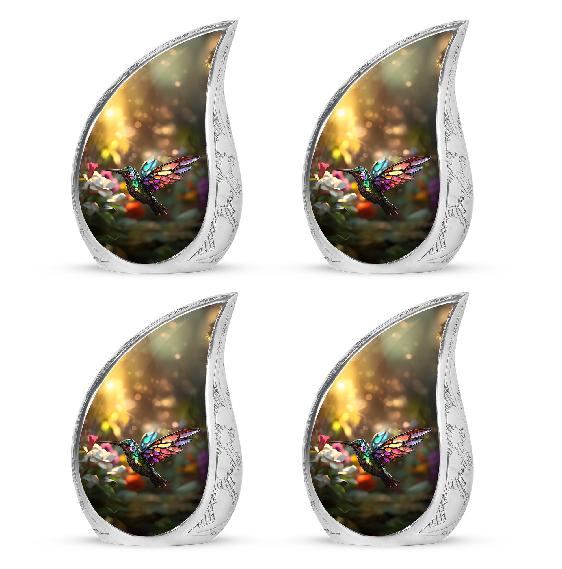 Champagne Gold Hummingbird Cremation Urn close-up of engraving and surface detail - flowing teardrop hummingbird silhouette on curved aluminum - 10 inch aluminum urn for cremated remains