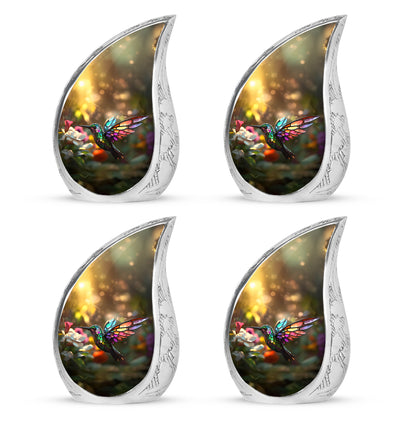 Champagne Gold Hummingbird Cremation Urn close-up of engraving and surface detail - flowing teardrop hummingbird silhouette on curved aluminum - 10 inch aluminum urn for cremated remains