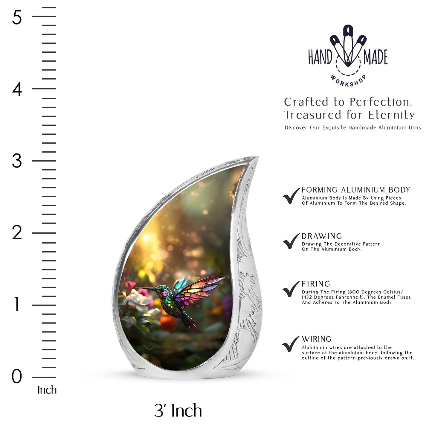 Sunrise Gold Hummingbird Cremation Urn angled view of lid and engraved motif - flowing teardrop hummingbird silhouette on curved aluminum - mini keepsake memorial for portion of cremation ashes